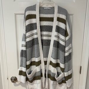 Pink Clover Cozy Striped Open Cardigan - Gray, White & Olive